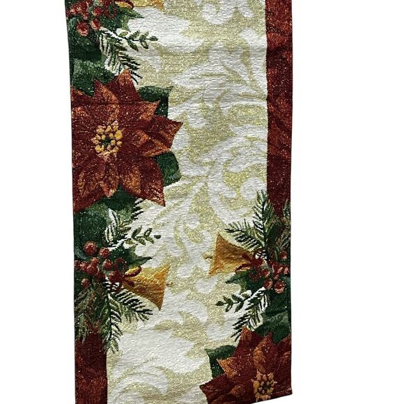 Vintage Tapestry Christmas Gold Bell Red Poinsettia Table Runner Decor 14"x71" - Picture 1 of 4